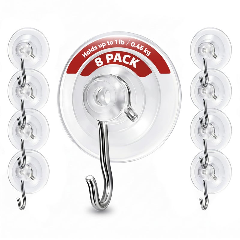 Holiday Joy Suction Cup Hooks for Shower 8Pack â€“ Max Load 1LB Christmas Heavy Duty Suction Cup Hooks â€“ Heavy Duty Wreath Hanger for Bathroom, Window, Towel, Shower Wall, Tile, Glass Door, Camper - Image 1